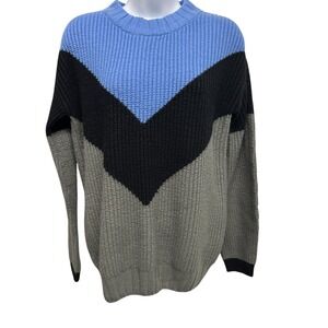 Color Block Knit Sweater Blue Black Gray Chevron Pattern Acrylic Oversized Small